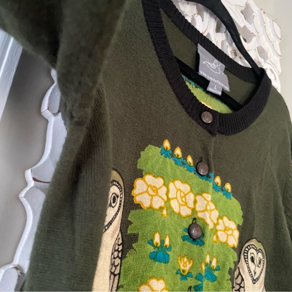 The Knitted Dove Who's Who Owl Wool Blend Sweater Cardigan Artsy Teacher Sz L - Picture 5 of 10